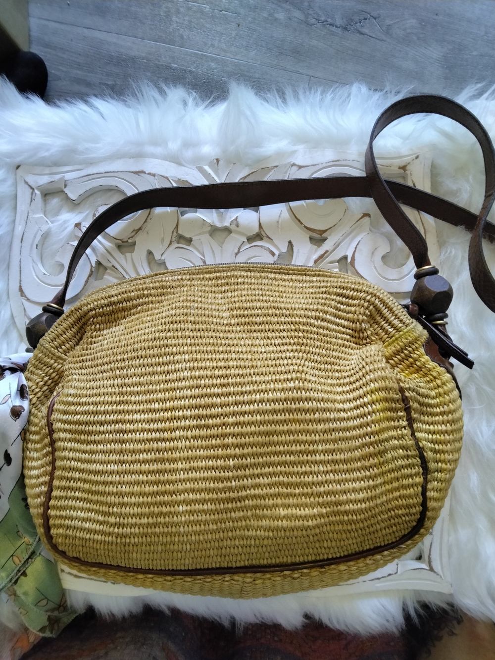 Yellow Woven Crossbody Bag with Brown Trim